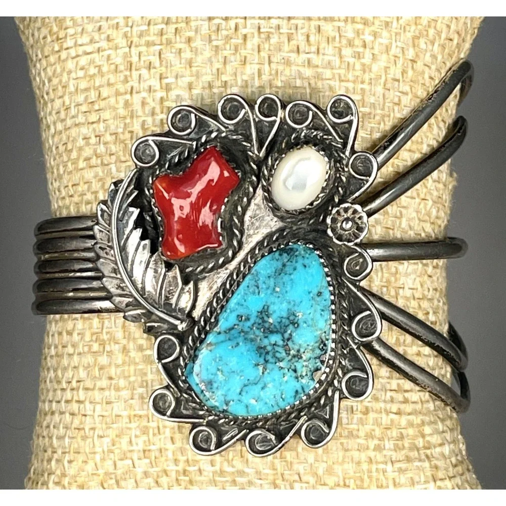 Navajo Sterling Silver Turquoise Coral Shell Cuff Bracelet Handmade 37.35g